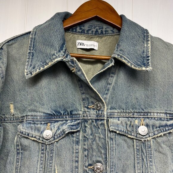 Zara Women's Denim Trucker‎ Jacket Size XXL Distressed Grunge - Picture 3 of 9